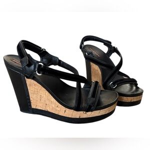 Prada Sport black leather and velvet cork platform wedge sandals